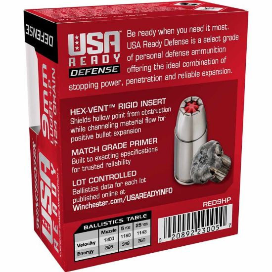 Picture of WINCHESTER READY DEFENSE HEX-VENT 9MM +P 124GR JHP, 20RD/BOX