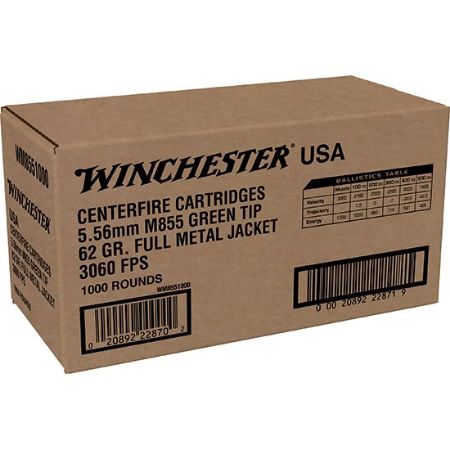 1,000 Round Case of Winchester LC 5.56 NATO M855 62gr Green Trip, FMJ, 5.56x45mm Remington, Thousand Rounds, AR Food, 5.56MM NATO, Lake City, 020892228702, AMMO-WM8551000, RTG Parts
