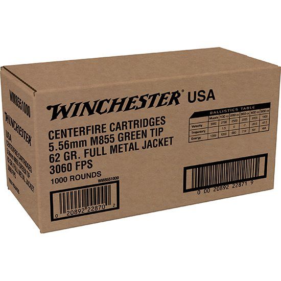 1,000 Round Case of Winchester LC 5.56 NATO M855 62gr Green Trip, FMJ, 5.56x45mm Remington, Thousand Rounds, AR Food, 5.56MM NATO, Lake City, 020892228702, AMMO-WM8551000, RTG Parts