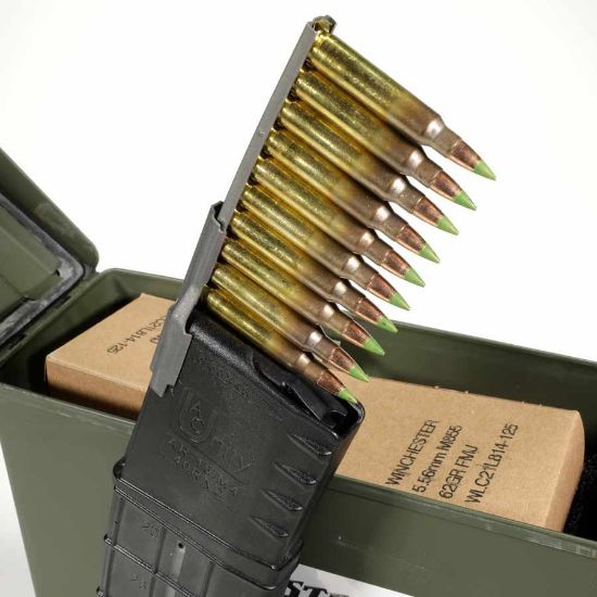Picture of 420RD CAN OF WINCHESTER LC 5.56X45MM M855 62GR GREEN TIP ON STRIPPER CLIPS