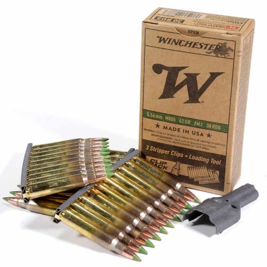 30 Rounds of Winchester LC 5.56 NATO M855 62gr Green Trip on Stripper Clips with Charger, FMJ, 5.56x45mm Remington, 30rd box, AR Food, 5.56MM NATO, 020892228849, AMMO-WM855CP, RTG Parts