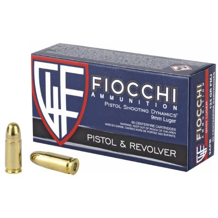 Fiocchi 9mm Luger 124gr FMJ, 50rd Box, 9x19mm, 9mm Parabellum, 762344001678, AMMO-FIO-9APB, 9mmammoseek, RTG Parts