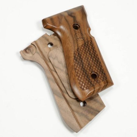 Beretta, 92/96 Series Wood Walnut Grips, Oval Checkering With Trident, Screws Not Included, Fits Beretta 96, 92FS, 92A1, M9, M9A1, Brigadier, Centurion, Elite Pistols, 082442809366, MIS-E00219, RTG Parts