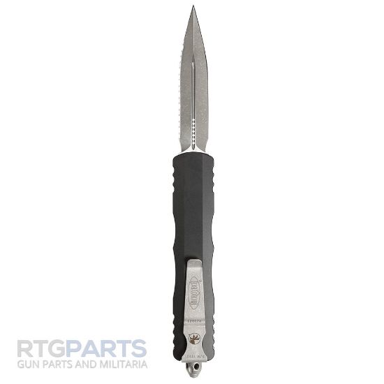 Picture of MICROTECH DIRAC DELTA D/E OTF AUTOMATIC KNIFE, BLACK, 3.75 INCH, APOCALYPTIC, SERRATED, 227-11AP