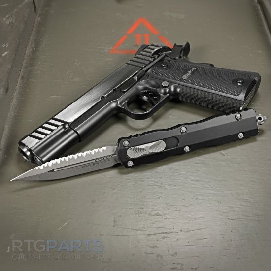 Picture of MICROTECH DIRAC DELTA D/E OTF AUTOMATIC KNIFE, BLACK, 3.75 INCH, APOCALYPTIC, SERRATED, 227-11AP