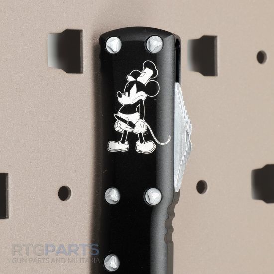 Picture of MICROTECH UTX-85 STEAMBOAT WILLIE D/E OTF AUTOMATIC KNIFE, BLACK, 3.125 INCH, DISTRESSED WHITE, 232-1SB