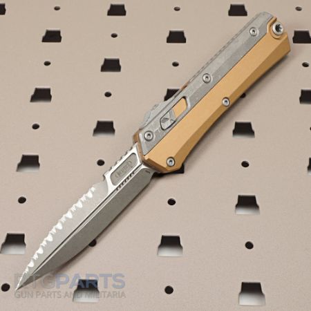 Picture of MICROTECH GLYKON D/E OTF AUTOMATIC KNIFE, TAN, 3.75 INCH, TOP SERRATED, APOCALYPTIC, 184-11APTA