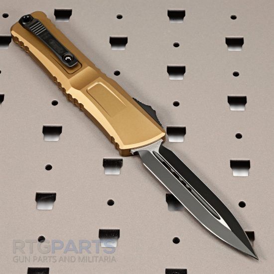 Microtech Combat Troodon Gen III, D/E OTF, Automatic Knife, Tan, Black Blade, (4.00 Inch), Double Edge, Dagger, M390MK, Made in the USA, 841768164913, MICROTECH-1142-1TA, RTG Parts