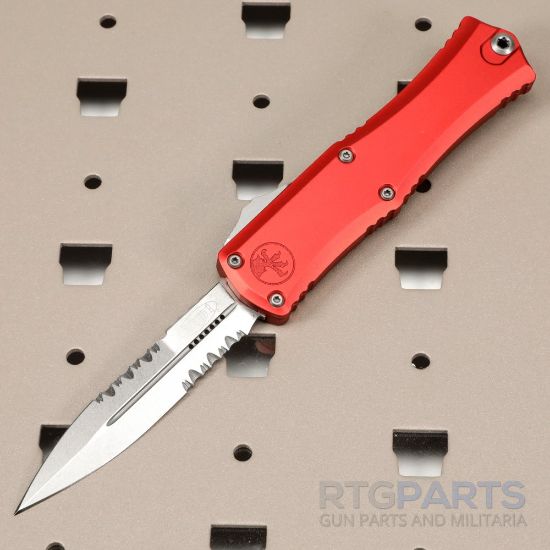 Picture of MICROTECH HERA II MINI D/E BAYONET OTF, AUTOMATIC KNIFE, RED, 3 INCH, STONEWASH, SERRATED, 1701M-11RD