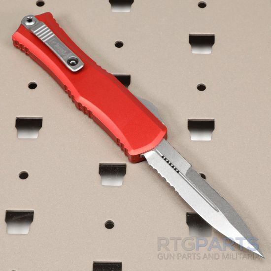 Picture of MICROTECH HERA II MINI D/E BAYONET OTF, AUTOMATIC KNIFE, RED, 3 INCH, STONEWASH, SERRATED, 1701M-11RD