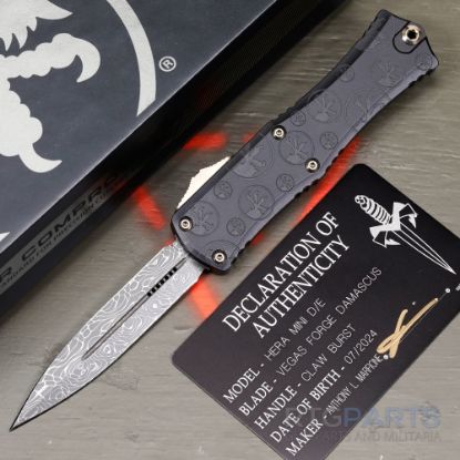Picture of MICROTECH HERA II MINI SIGNATURE SERIES, D/E OTF, DAMASCUS, CLAW BURST DEEP ENGRAVED, 3 INCH, 1702M-16CBS