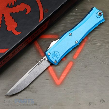 Picture of MICROTECH HERA II MINI S/E RECURVE OTF, AUTOMATIC KNIFE, BLUE, 3 INCH, STONEWASH, 1705M-10BL