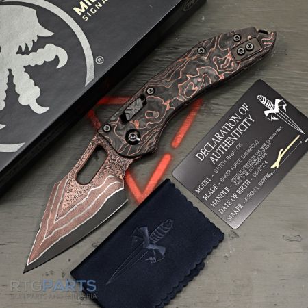 Picture of MICROTECH STITCH, S/E, RAM-LOK, BAKER FORGE DAMASCUS, PROTECH COMPOSITES LIVE WIRE CARBON SCALES, 3.7 INCH, 169RL-16MS1