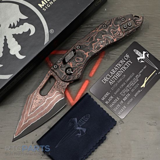 Picture of MICROTECH STITCH, S/E, RAM-LOK, BAKER FORGE DAMASCUS, PROTECH COMPOSITES LIVE WIRE CARBON SCALES, 3.7 INCH, 169RL-16MS1