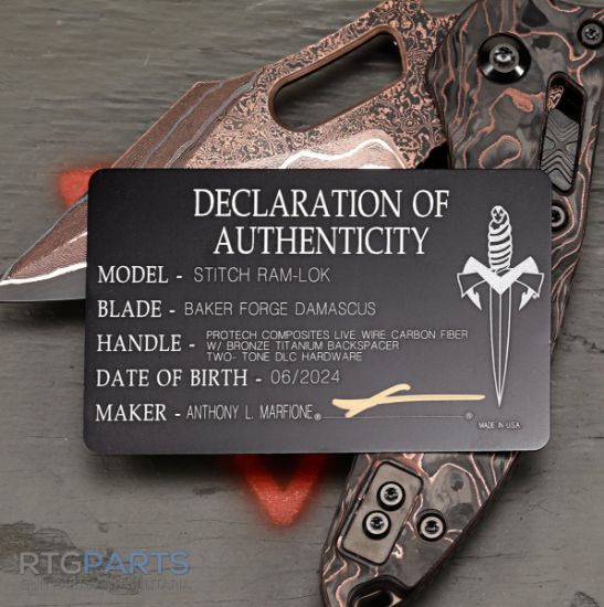 Picture of MICROTECH STITCH, S/E, RAM-LOK, BAKER FORGE DAMASCUS, PROTECH COMPOSITES LIVE WIRE CARBON SCALES, 3.7 INCH, 169RL-16MS1