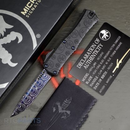 Picture of MICROTECH HERA II MINI SIGNATURE SERIES, S/E RECURVE OTF, BLUE SPIROGRAPH DAMASCUS, CLAW BURST DEEP ENGRAVED, 3 INCH, 1705M-16MS1