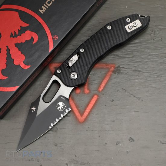 Picture of MICROTECH STITCH, S/E, RAM-LOK, BLACK, FLUTED G10, 3.7 INCH, BLACK BLADE, SERRATED, 169RL-2FLGTBK