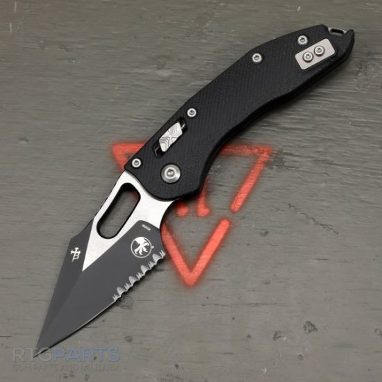 Picture of MICROTECH STITCH, S/E, RAM-LOK, BLACK, FLUTED G10, 3.7 INCH, BLACK BLADE, SERRATED, 169RL-2FLGTBK