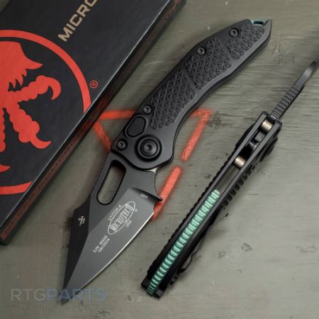 Picture of MICROTECH STITCH AUTO, S/E, BLACK ALUMINUM HANDLE, 3.7 INCH, BLACK BLADE, ANTIQUE GREEN TITANIUM BACKSPACER, 169-1BK-A3TI