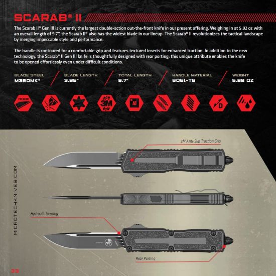 Picture of MICROTECH SCARAB II GEN III S/E OTF AUTOMATIC KNIFE, BLACK, 3.9 INCH, APOCALYPTIC, SERRATED, 1278-11AP