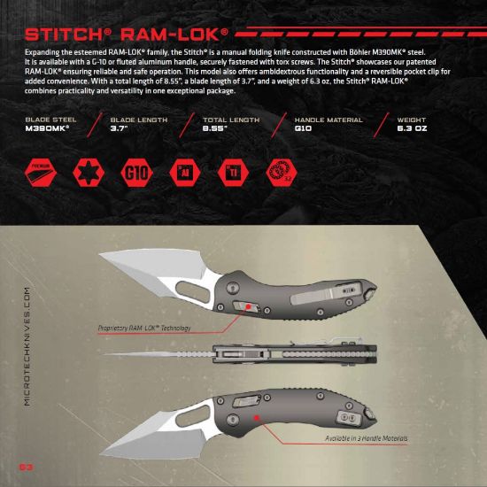 Picture of MICROTECH STITCH, S/E, RAM-LOK, BLACK FLUTED G10, 3.7 INCH, STONEWASH, 169RL-10FLGTBK