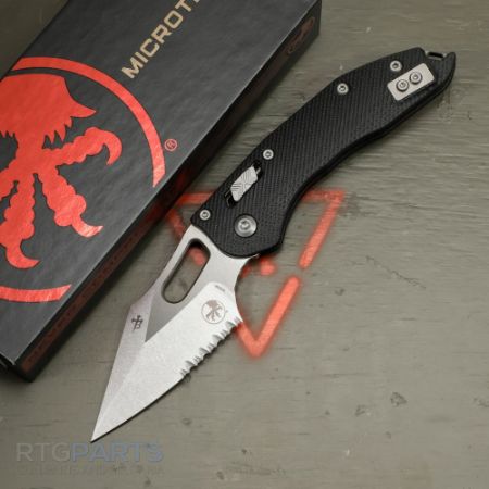 Picture of MICROTECH STITCH, S/E, RAM-LOK, BLACK FLUTED G10, 3.7 INCH, STONEWASH, SERRATED, 169RL-11FLGTBK