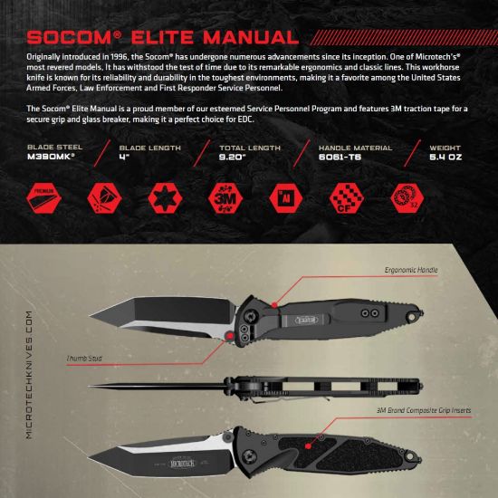 Picture of MICROTECH SOCOM ELITE S/E MANUAL FOLDING KNIFE, BLACK, 4 INCH, STONEWASH, 160-10