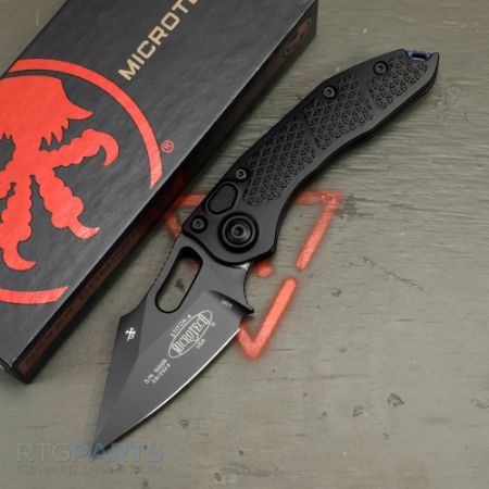 Picture of MICROTECH STITCH AUTO, S/E, BLACK ALUMINUM HANDLE, 3.7 INCH, BLACK BLADE, BLUE TITANIUM BACKSPACER, 169-1BK-A1TI