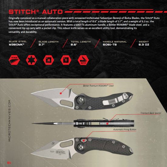 Picture of MICROTECH STITCH AUTO, S/E, BLACK ALUMINUM HANDLE, 3.7 INCH, BLACK BLADE, BLUE TITANIUM BACKSPACER, 169-1BK-A1TI