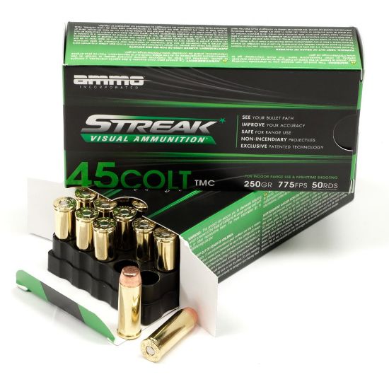 Picture of AMMO INC STREAK 45 COLT 250GR TMC, NON-INCENDIARY TRACER, GREEN, 50RD BOX