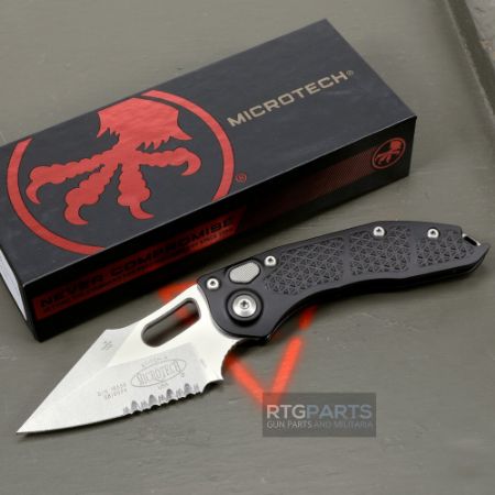 Picture of MICROTECH STITCH AUTO, S/E, BLACK ALUMINUM HANDLE, 3.7 INCH, STONEWASH PARTIAL SERRATED BLADE, 169-111