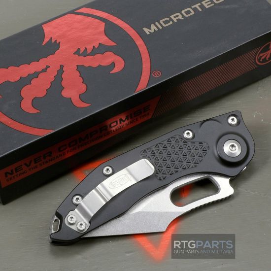 Picture of MICROTECH STITCH AUTO, S/E, BLACK ALUMINUM HANDLE, 3.7 INCH, STONEWASH PARTIAL SERRATED BLADE, 169-111