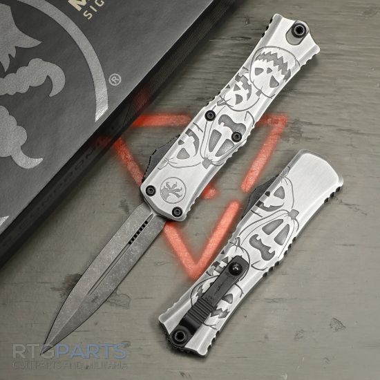 Picture of MICROTECH HERA II MINI D/E OTF, AUTOMATIC KNIFE, BRUSHED METAL HALLOWEEN JACK-O'-LANTERN, 3 INCH, APOCALYPTIC, 1702M-1BMHWJLS