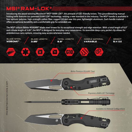 Picture of MICROTECH STANDARD ISSUE MSI, S/E, RAM-LOK, BLACK POLYMER, 3.9 INCH, BLACK BLADE, 210T-1PMBK