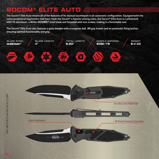 Picture of MICROTECH SOCOM ELITE AUTO KNIFE, S/E, TAN, 4 INCH, BLACK TACTICAL BLADE, 160A-1TA