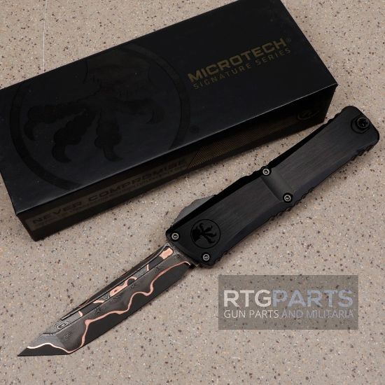 Picture of MICROTECH COMBAT TROODON MARFIONE SELECT T/E, BAKER FORGE COPPERMAI DAMASCUS, BLACK DLC HARD CUT HANDLE, 1144-16MS1