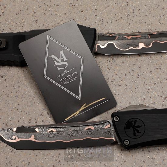 Picture of MICROTECH COMBAT TROODON MARFIONE SELECT T/E, BAKER FORGE COPPERMAI DAMASCUS, BLACK DLC HARD CUT HANDLE, 1144-16MS1