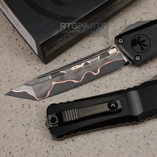 Picture of MICROTECH COMBAT TROODON MARFIONE SELECT T/E, BAKER FORGE COPPERMAI DAMASCUS, BLACK DLC HARD CUT HANDLE, 1144-16MS1