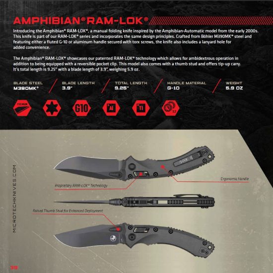 Picture of MICROTECH AMPHIBIAN, S/E, RAM-LOK, BLACK DISTRESSED ALUMINUM, 3.9 INCH, BLACK BLADE, 137RL-1FLVB