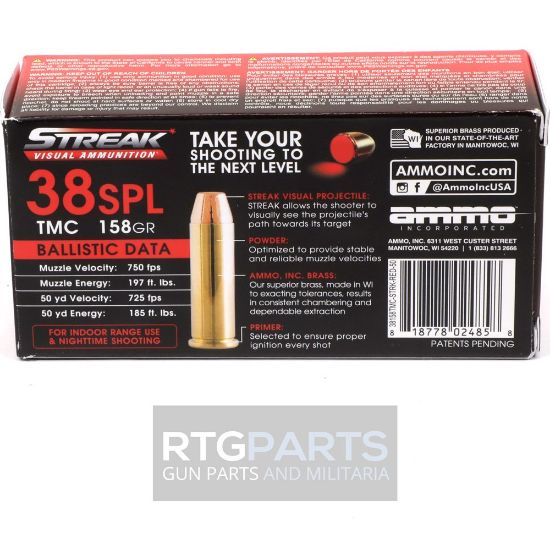 Picture of AMMO INC STREAK 38 SPECIAL 158GR TMC, NON-INCENDIARY TRACER, RED, 50RD BOX