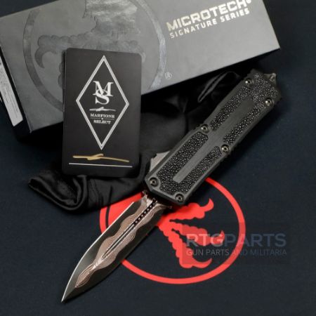 Picture of MICROTECH SCARAB II MARFIONE SELECT D/E BAKER FORGE COPPERMAI DAMASCUS, BLACK AIRCRAFT ALLOY W/ STINGRAY INLAY, 1280-16MS1