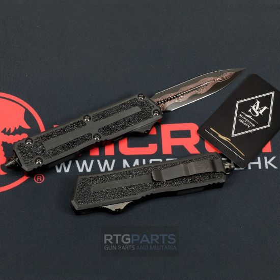 Picture of MICROTECH SCARAB II MARFIONE SELECT D/E BAKER FORGE COPPERMAI DAMASCUS, BLACK AIRCRAFT ALLOY W/ STINGRAY INLAY, 1280-16MS1