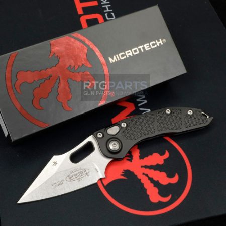 Picture of MICROTECH STITCH AUTO, S/E, BLACK ALUMINUM HANDLE, 3.7 INCH, STONEWASH BLADE, 169-10
