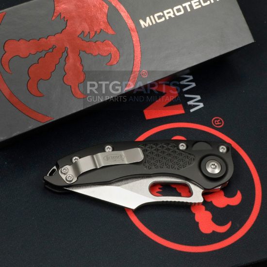 Picture of MICROTECH STITCH AUTO, S/E, BLACK ALUMINUM HANDLE, 3.7 INCH, STONEWASH BLADE, 169-10