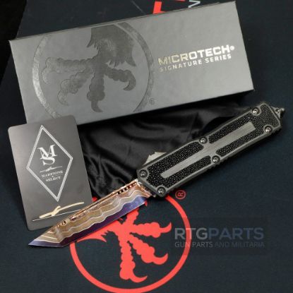 Picture of MICROTECH SCARAB II MARFIONE SELECT TANTO EDGE BLUED BAKER FORGE COPPERMAI DAMASCUS, AIRCRAFT ALLOY W/ STINGRAY INLAY, 1279-16MS1