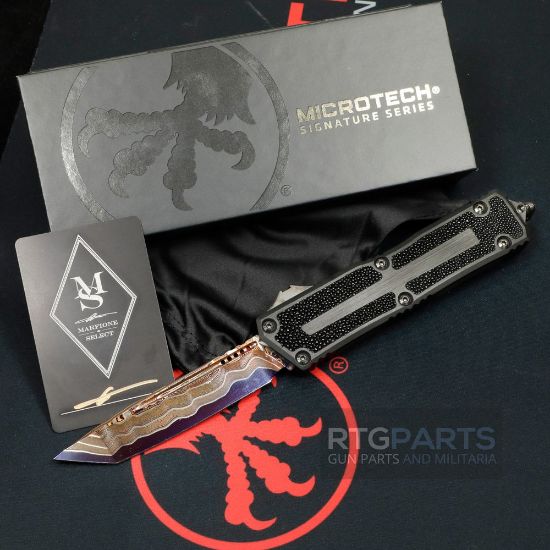 Picture of MICROTECH SCARAB II MARFIONE SELECT TANTO EDGE BLUED BAKER FORGE COPPERMAI DAMASCUS, AIRCRAFT ALLOY W/ STINGRAY INLAY, 1279-16MS1