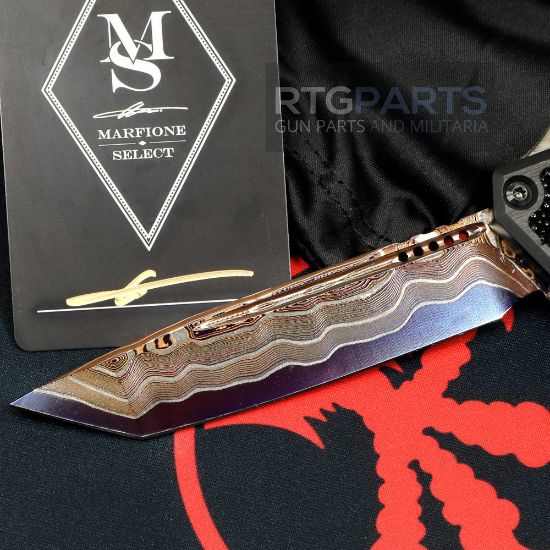Picture of MICROTECH SCARAB II MARFIONE SELECT TANTO EDGE BLUED BAKER FORGE COPPERMAI DAMASCUS, AIRCRAFT ALLOY W/ STINGRAY INLAY, 1279-16MS1