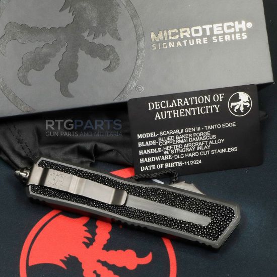 Picture of MICROTECH SCARAB II MARFIONE SELECT TANTO EDGE BLUED BAKER FORGE COPPERMAI DAMASCUS, AIRCRAFT ALLOY W/ STINGRAY INLAY, 1279-16MS1