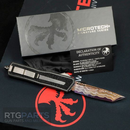 Picture of MICROTECH SCARAB II MARFIONE SELECT TANTO EDGE BLUED BAKER FORGE COPPERMAI DAMASCUS, AIRCRAFT ALLOY W/ STINGRAY INLAY, 1279-16MS1