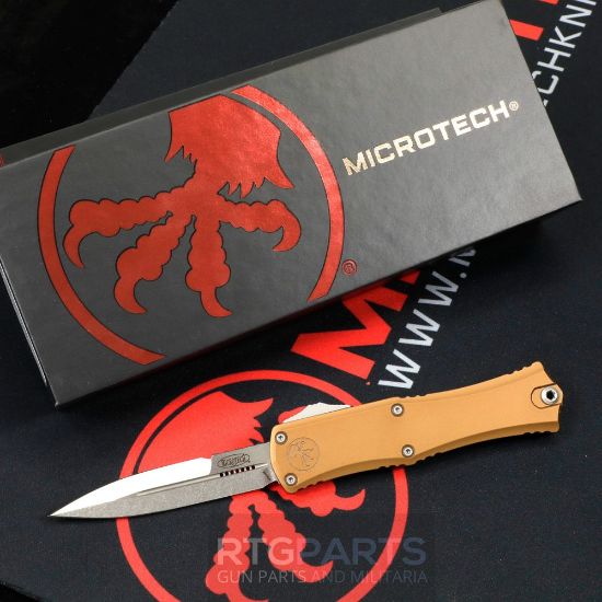 Picture of MICROTECH HERA II MINI D/E BAYONET OTF, AUTOMATIC KNIFE, TAN, 3 INCH, STONEWASH, 1701M-10TA